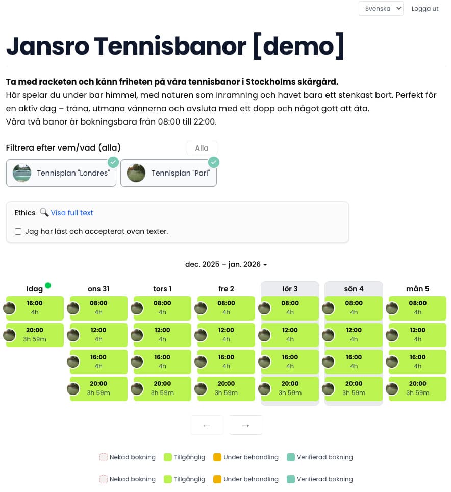 Demo för tennisbokning