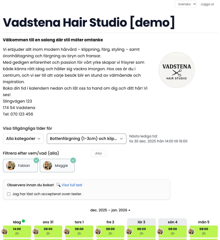 Demo för salongsbokning