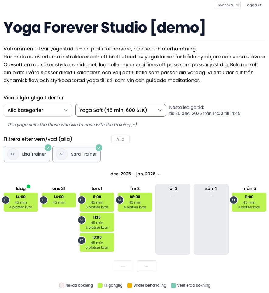 Yoga studio booking demo